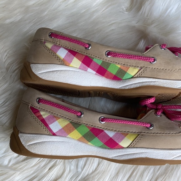 Sperry top sider green pink tan cream pink lace up boat shoes flats loafers nwot - Picture 5 of 17